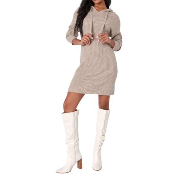 Lulus Snuggly Option Heather Taupe Hooded Mini Sweater Dress - Picture 4 of 9